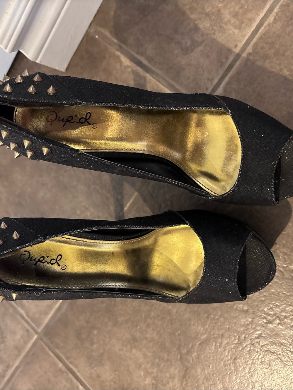 Qupid Black Peep-Toe Heels with Gold Insole and Stud Accents